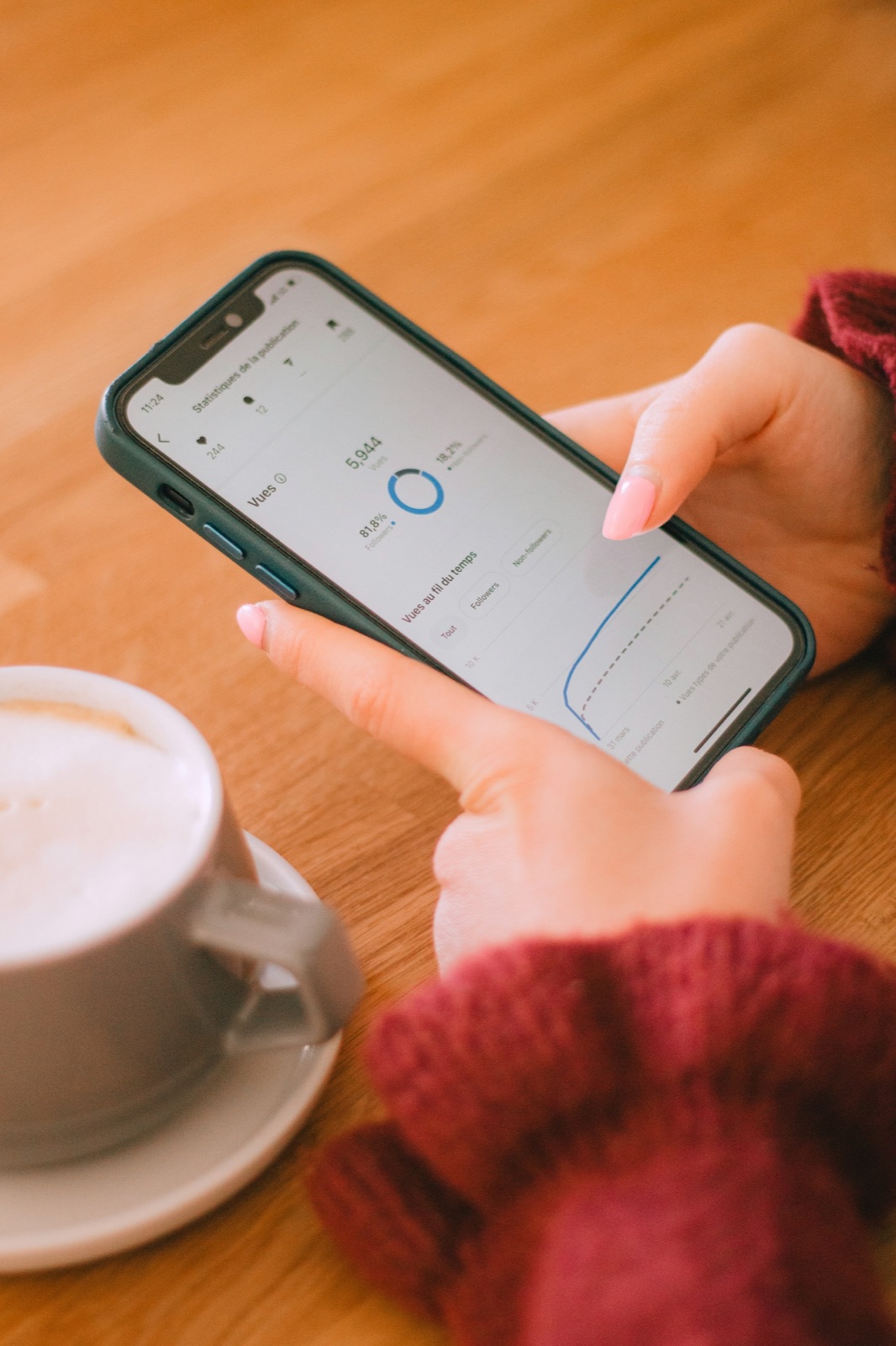 Hands in a red sweater holding a phone beside a cup of coffee on a wooden table
