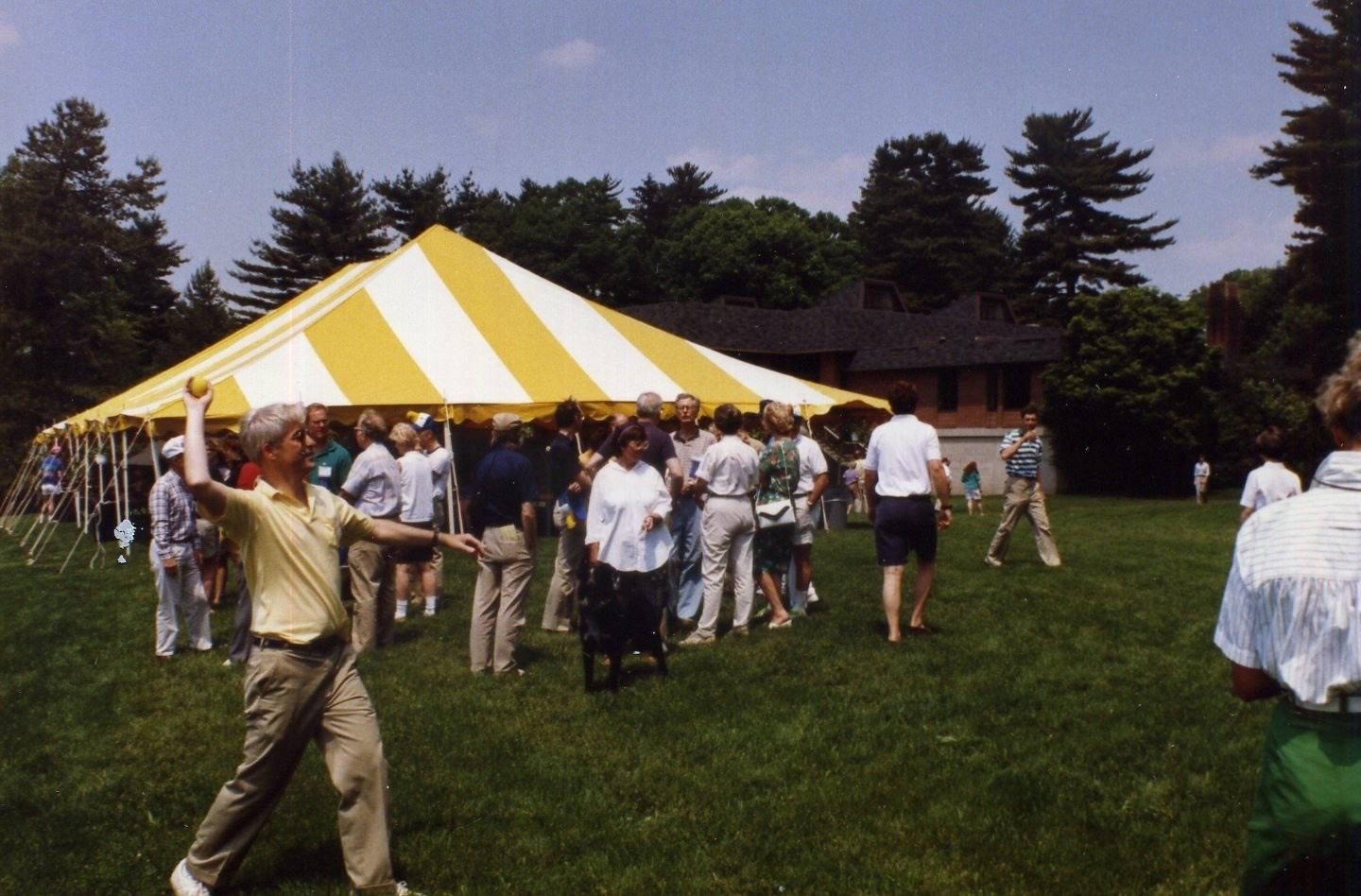 An outdoor reunion on a lawn by a striped tent, people of all ages mingling while one man tosses a ball